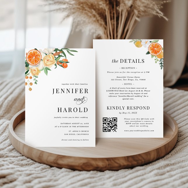 Invitación Citrus naranja Floral Mínimo todo en un Boda (Subido por el creador)