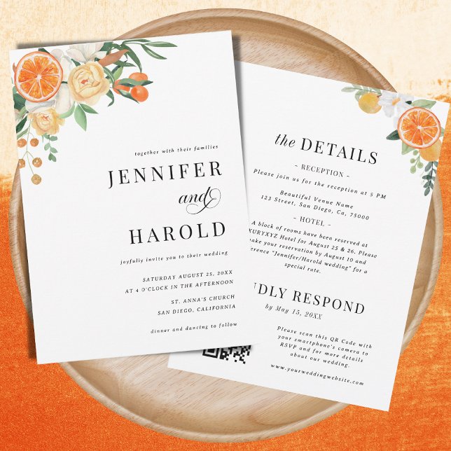 Invitación Citrus naranja Floral Mínimo todo en un Boda (Subido por el creador)