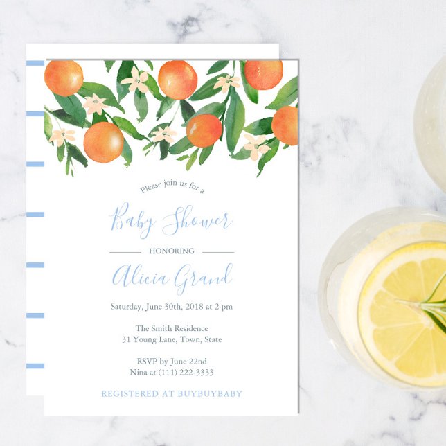 Invitación Citrus Naranjas Polvo Azul Accents Boy Baby Shower (Subido por el creador)