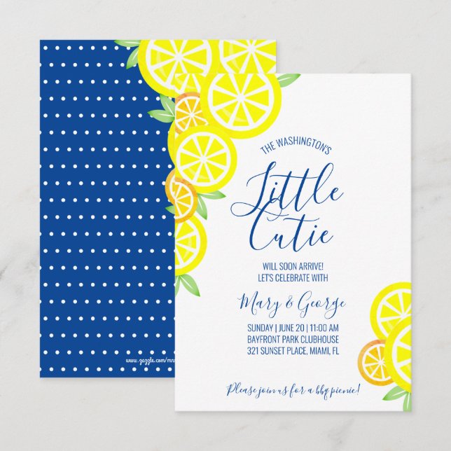 Invitación CITRUS niño o chica BABY SHOWER limón azul (Anverso / Reverso)