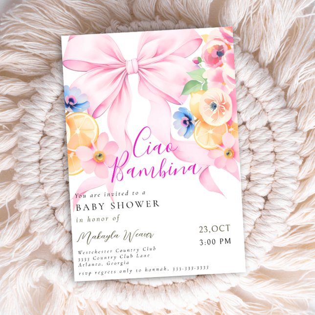 Invitación Citrus Pink Bow Coquette Lemon Baby Shower (Subido por el creador)