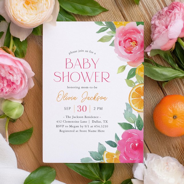 Invitación Citrus Pink Floral Baby Shower (Subido por el creador)