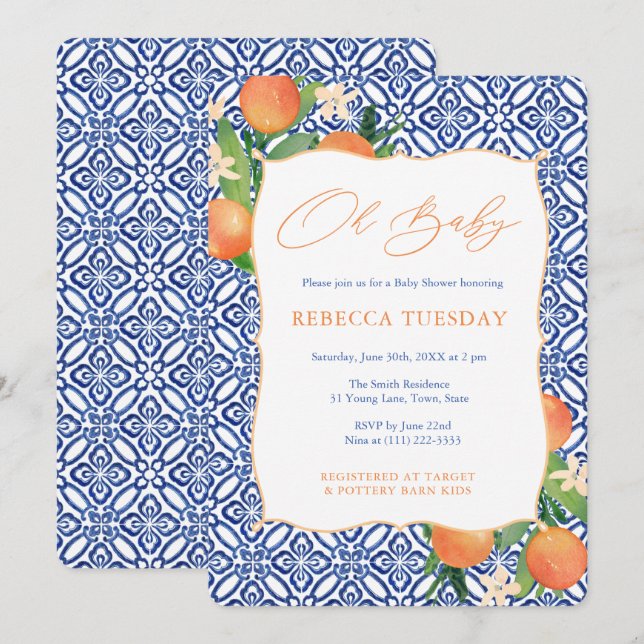 Invitación Citrus Sinensis Naranjas Positano Blue Baby Shower (Anverso / Reverso)