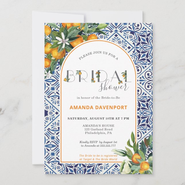 Invitación Citrus Tiles Bridal Shower con naranjas (Anverso)
