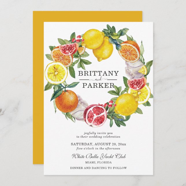 Invitación Citrus Watercolor Boda de guirnaldas botánicas (Anverso / Reverso)