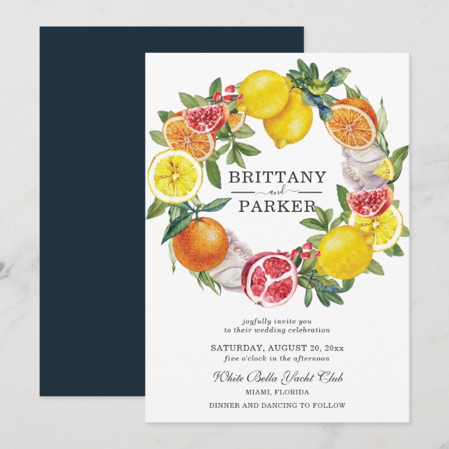 Invitación Citrus Watercolor Boda de guirnaldas botánicas (Anverso / Reverso)
