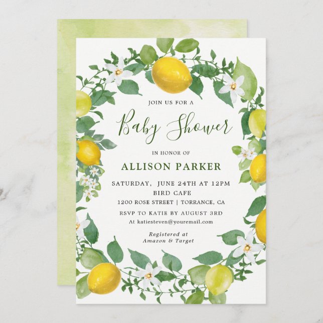 Invitación Citrus Watercolor Lemon Tema Baby Shower (Anverso / Reverso)