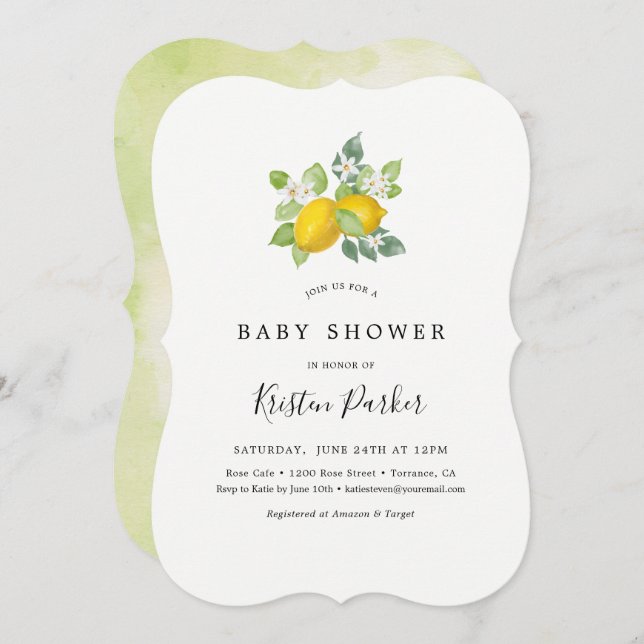 Invitación Citrus Watercolor Lemon Tema Baby Shower (Anverso / Reverso)