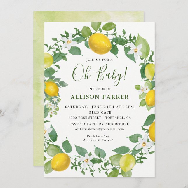 Invitación Citrus Watercolor Lemon Tema Baby Shower (Anverso / Reverso)