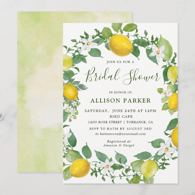 Invitación Citrus Watercolor Lemon Temática Ducha De Novias (Anverso / Reverso)
