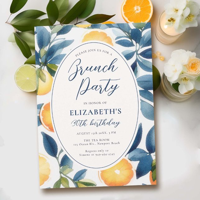 Invitación Citrus Watercolor Naranja azul moderno Cumpleaños (birthday brunch invitation card template citrus lemon orange pattern blue tile watercolor elegant )
