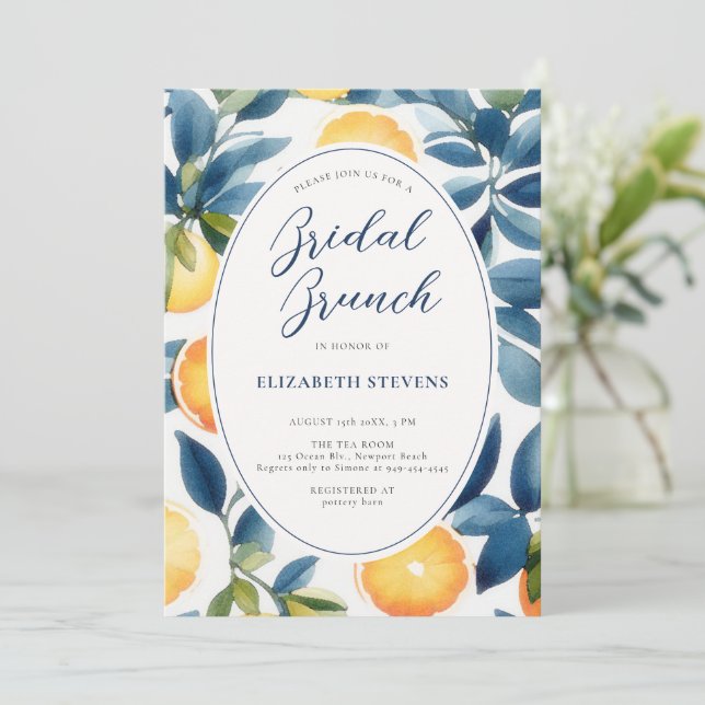 Invitación Citrus Watercolor Naranja azul moderno ducha de no (Anverso de pie)