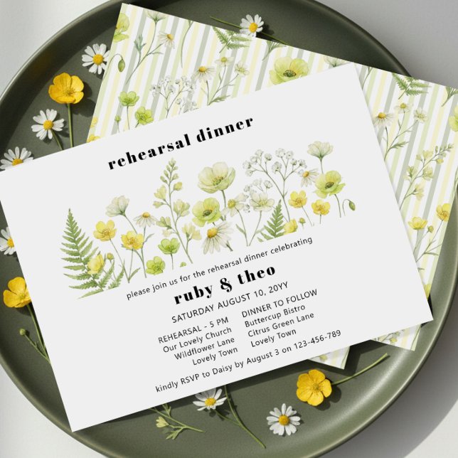 Invitación Citrus Wildflower Ghost Stripe Wedding Rehearsal (Rehearsal Dinner Invitation - from Citrus Green Wildflower wedding collection by Darling & May)