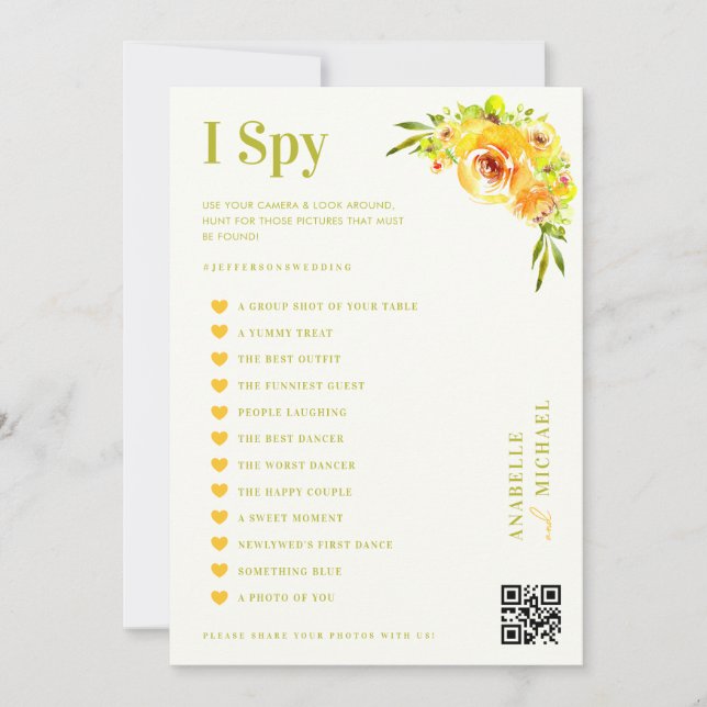 Invitación Citrus Yellow Floral Wedding I Spy Hunt Game Card (Anverso)