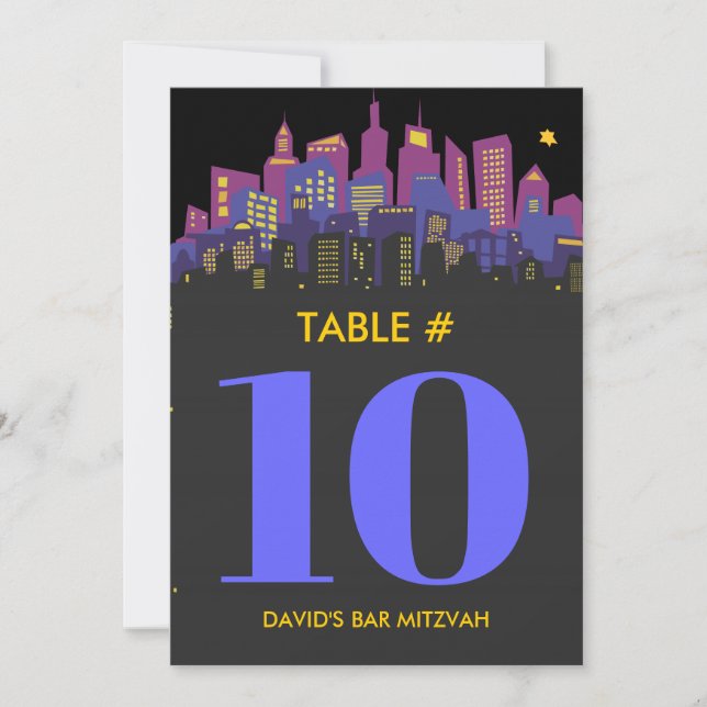 Invitación CITYSCAPE Bar Bat Mitzvah Table Number Card (Anverso)