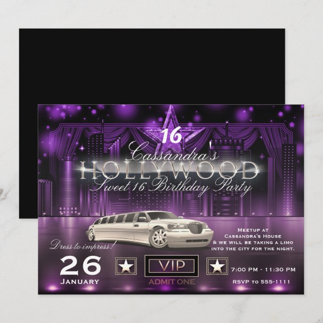 Invitación Ciudad morada y plateada ilumina a Limo Hollywood  (Anverso / Reverso)