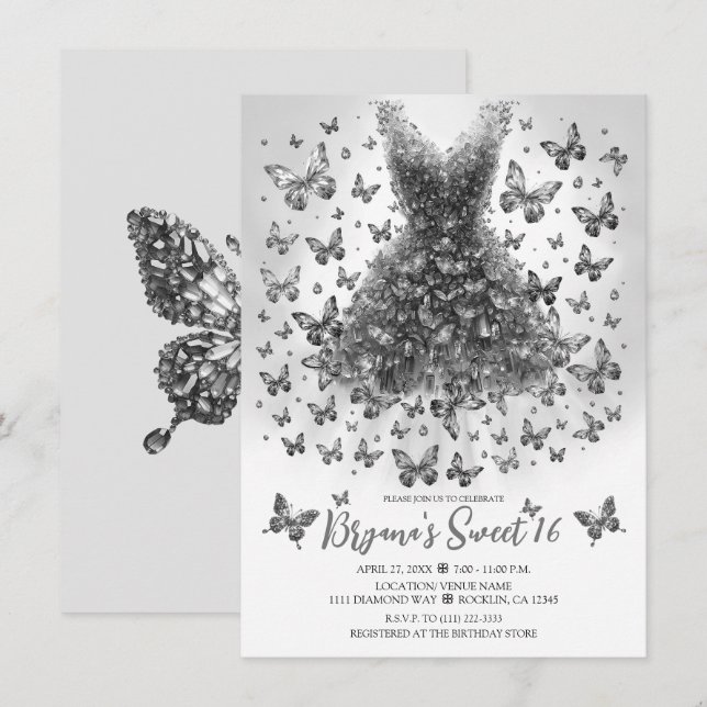 Invitación Clara mariposa de cuarzo Vestido April Birthstone (Anverso / Reverso)