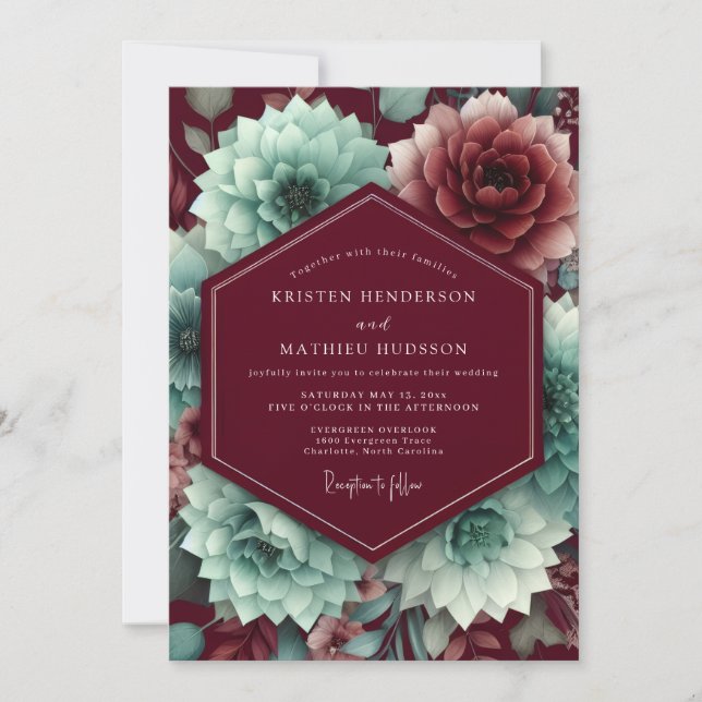 Invitación Claret Aquamarine Bloom Wedding (Anverso)