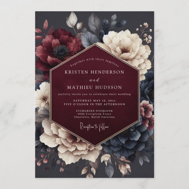 Invitación Claret Midnight Flora Wedding (Anverso)