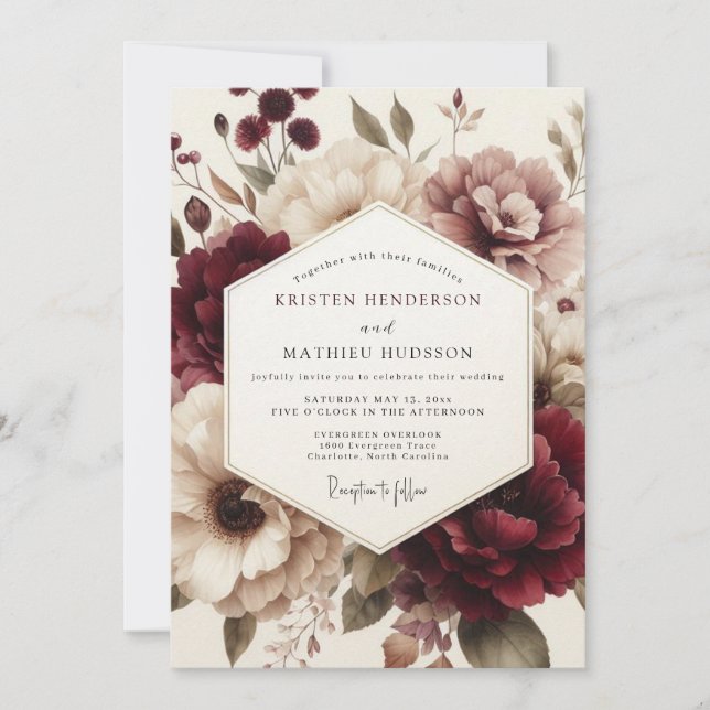 Invitación Claret Moody Bloom Wedding (Anverso)