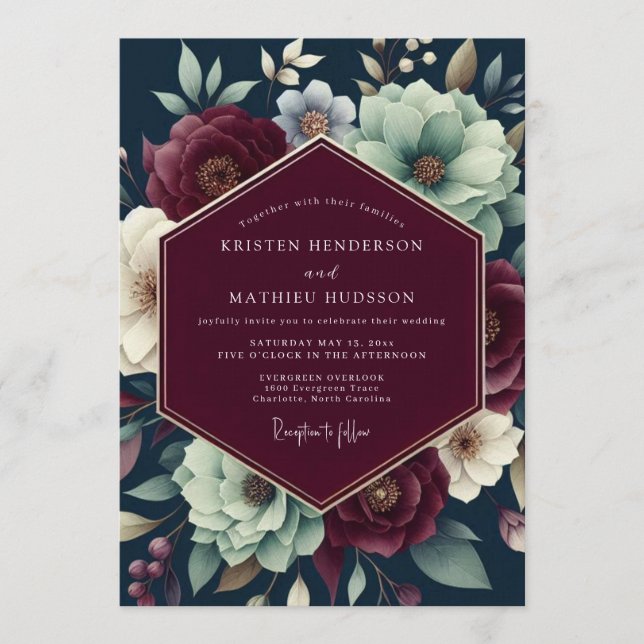 Invitación Claret Teal Shadowy Bloom Wedding (Anverso)