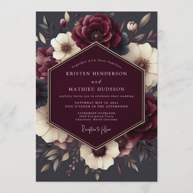 Invitación Claret Tenebrous Flora Wedding (Anverso)