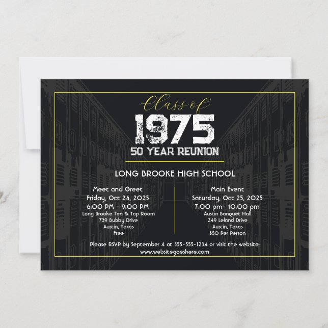 Invitación Clase 1975 Reunión Elegante Negro - Reunión de 50  (Anverso)
