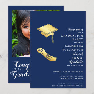 Invitación Clase 2025 de foto de oro blanco azul de la Marina