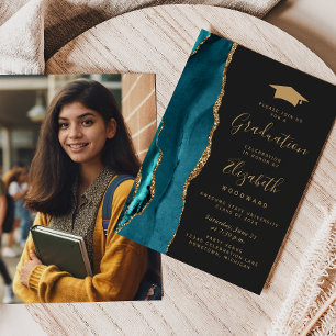 Invitación Clase 2026 Ágata Teal Gorra de Foto Oscuro Graduac