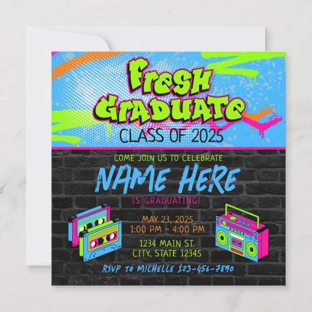 Invitación Clase Boombox príncipe 90 de graduación 2025 (Anverso)