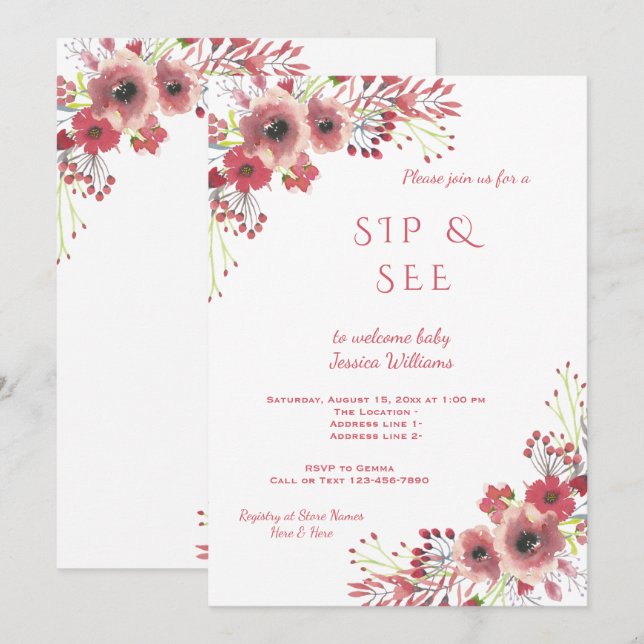 Invitación Clase Chicó Flores Rojas Aquarela Sip & See (Anverso / Reverso)