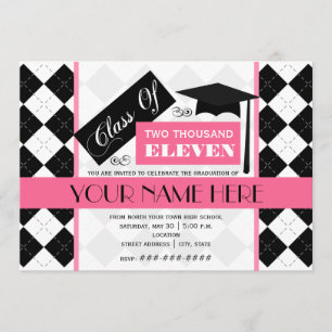 Invitación Clase de 2011 Argyle negro y graduación rosada
