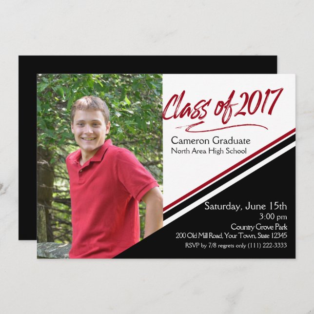 Invitación Clase de 2017 Hand Script Black and Red Photo (Anverso / Reverso)