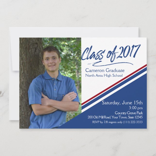 Invitación Clase de 2017 Hand Script Blue and Red Photo (Anverso)