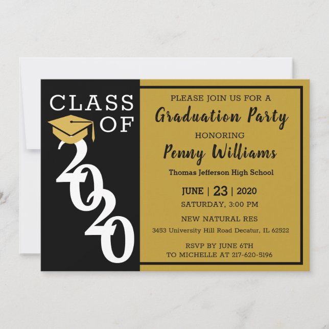 Invitación Clase De 2020 Black Gold Modern Graduation Party (Anverso)