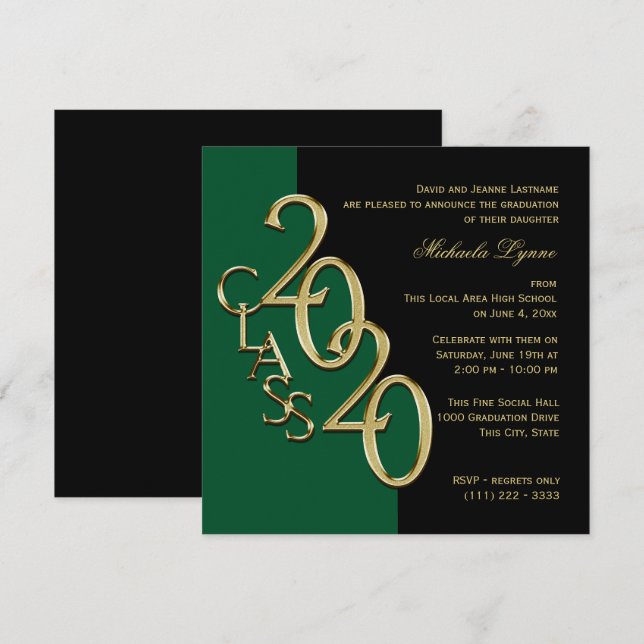 Invitación Clase de 2020 Grad Green y Gold (Anverso / Reverso)