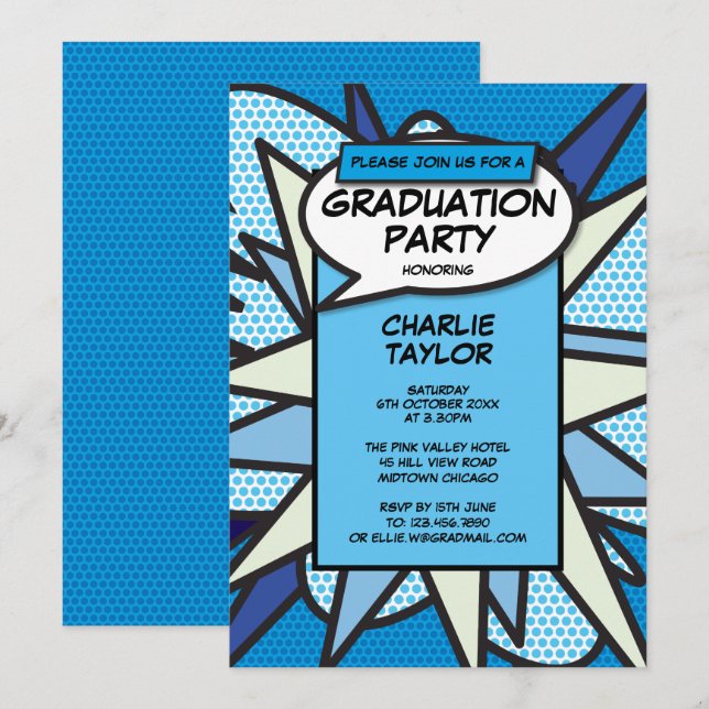 Invitación Clase de 2022 Partido de Graduación Comic Fun Blue (Anverso / Reverso)