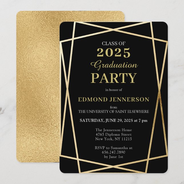 Invitación Clase de 2023 Elegante Geométrica de Oro Negro (Anverso / Reverso)