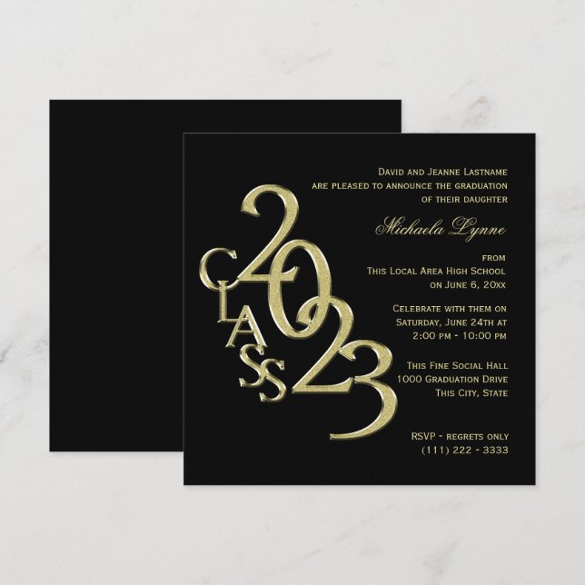 Invitación Clase de 2023 Elegante Oro y Negro (Anverso / Reverso)