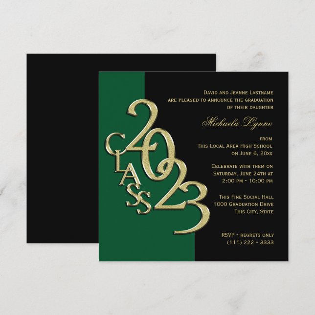 Invitación Clase de 2023 Grad Green y Gold (Anverso / Reverso)