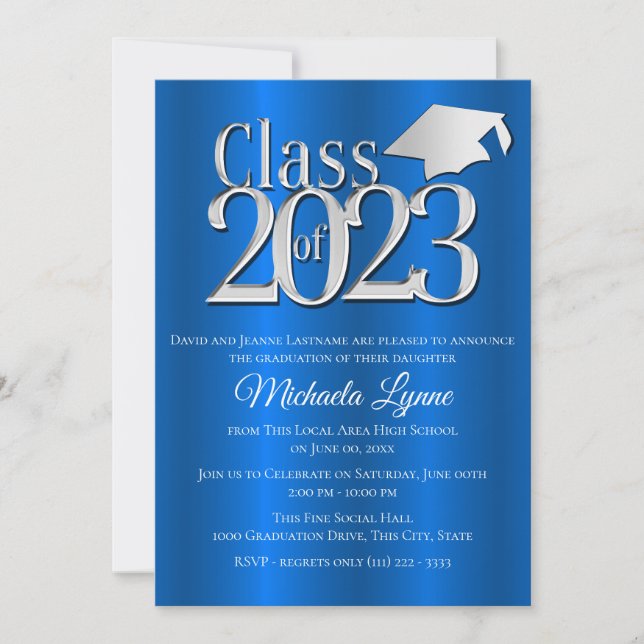 Invitación Clase de 2023 Tapón de graduación azul y plateado (Anverso)