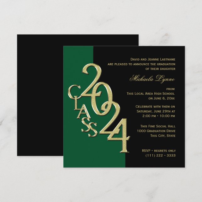 Invitación Clase de 2024 Elegante Oro y Verde (Anverso / Reverso)