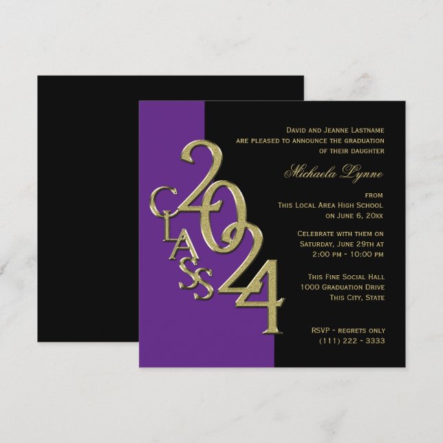 Invitación Clase de 2024 Grad Purple y Gold (Anverso / Reverso)