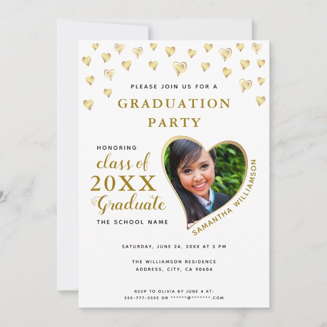 Invitación Clase de 2025 Elegante graduación en blanco y oro (Anverso)