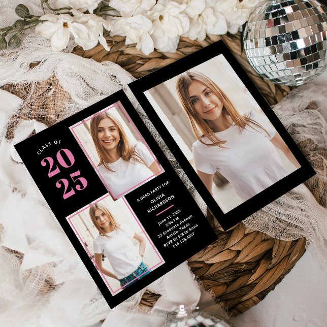 Invitación Clase de 2025 | Fiesta de Grad Rosa y Negro (Subido por el creador)