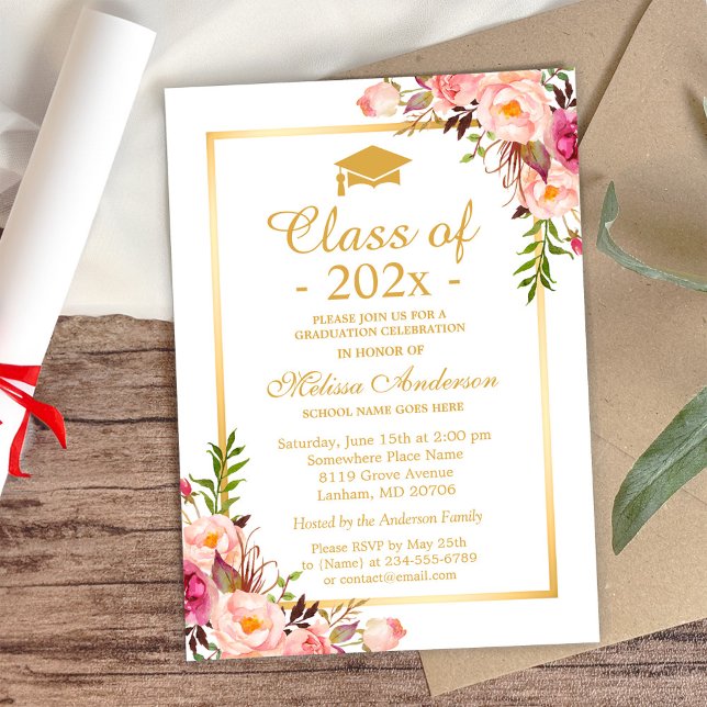 Invitación Clase de 2025 Graduación Elegante Moda Dorado Flor (Subido por el creador)
