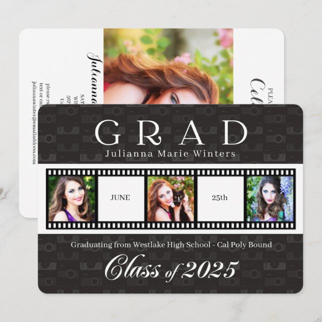 Invitación Clase de 2025 Película de graduación Strip Tema 3  (Anverso / Reverso)