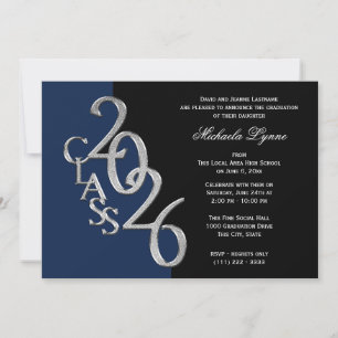 Invitación Clase de 2026 Graduación Plata Negro con Opción de