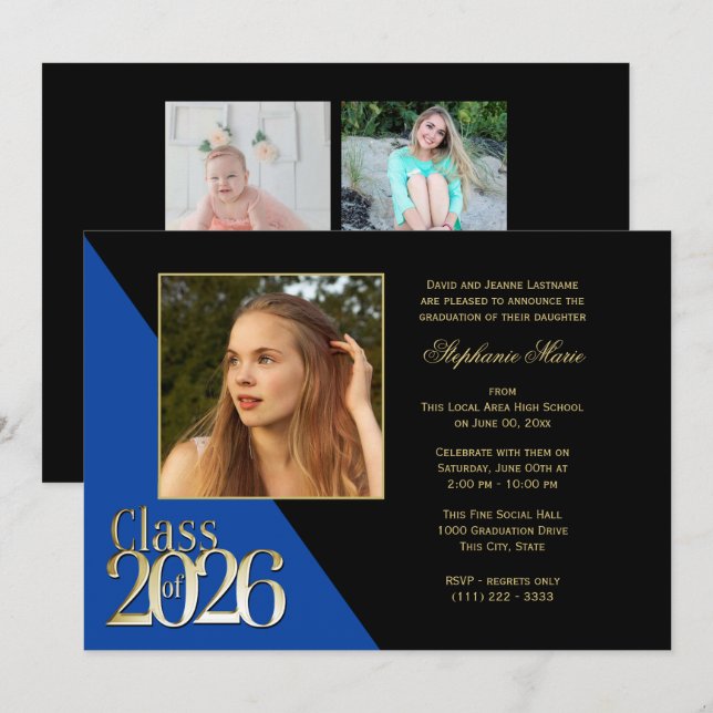 Invitación Clase de 2026 Graduado de Oro Azul con Foto (Anverso / Reverso)