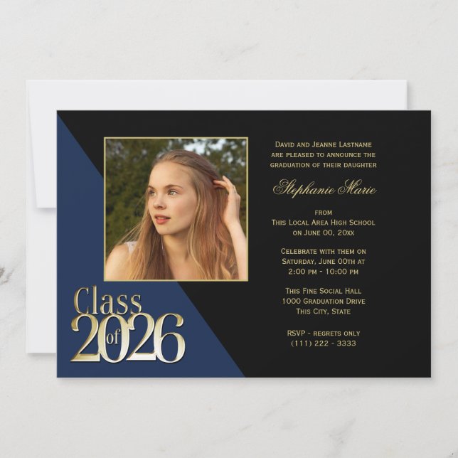 Invitación Clase de 2026 Graduado de Oro Azul Oscuro con Foto (Anverso)